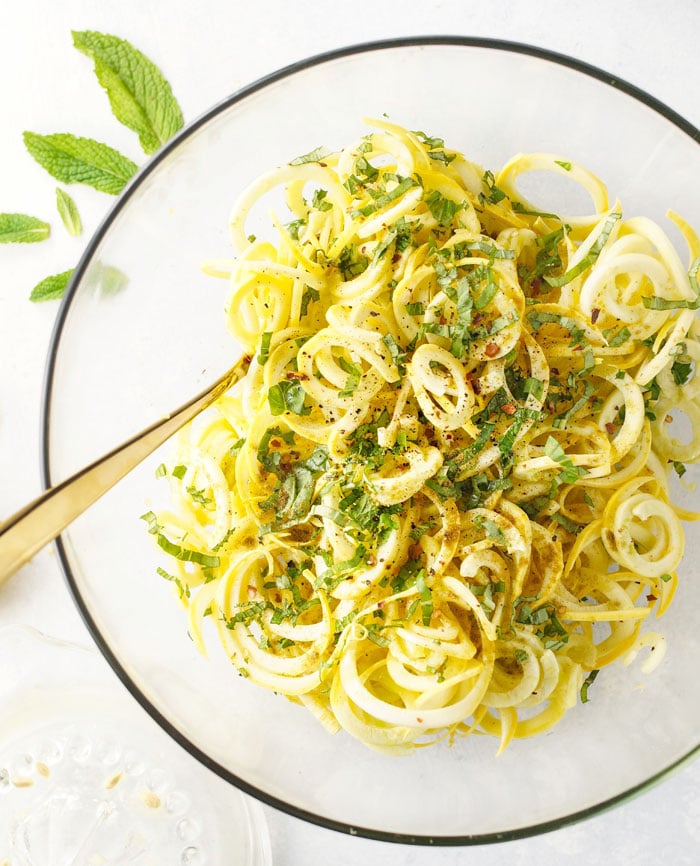 Spiralized Summer Squash Noodles with Basil and Mint