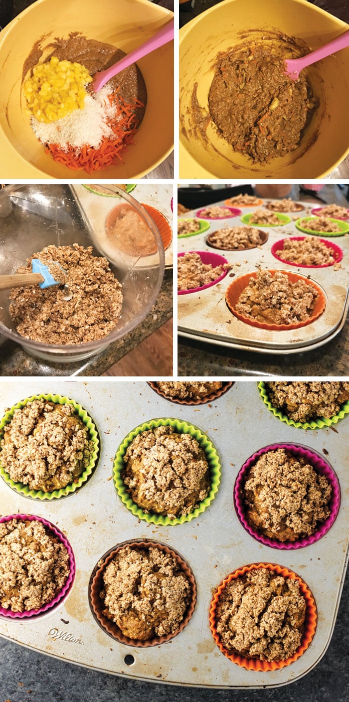 gluten-free carrot cake muffin batter in a mixing bowl and in a muffin tin