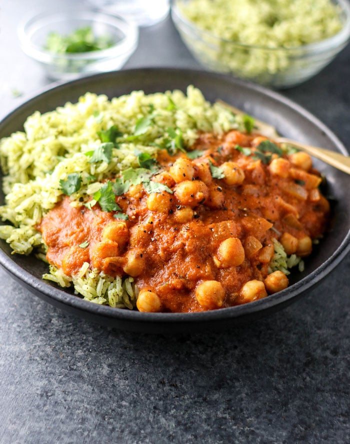 vegan chickpea tikka masala with green rice