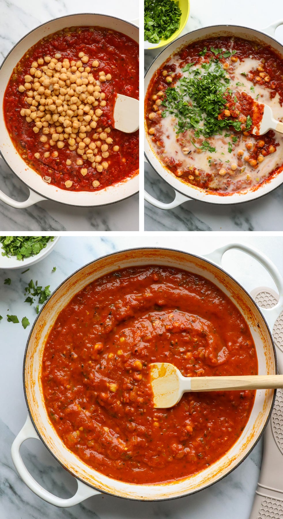 chickpeas and cilantro added to tomato sauce in a pan. 
