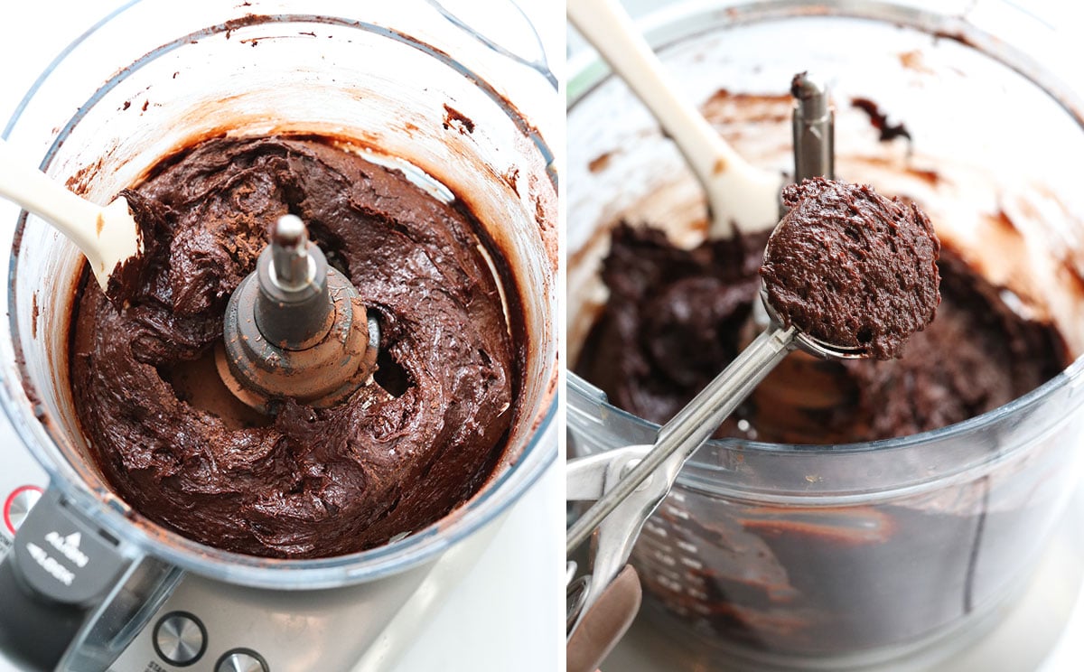 date brownie batter scooped from processor.