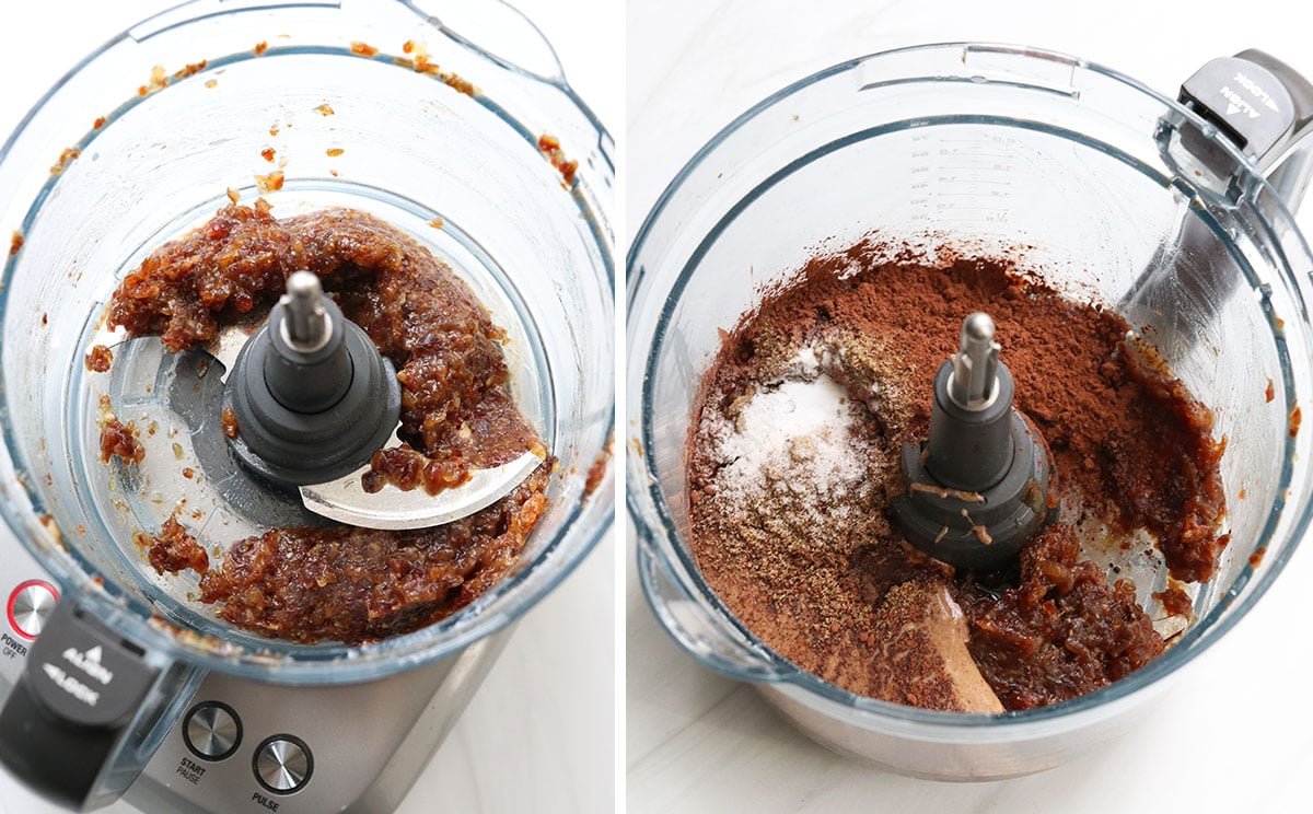 date brownie ingredients mixed in food processor.