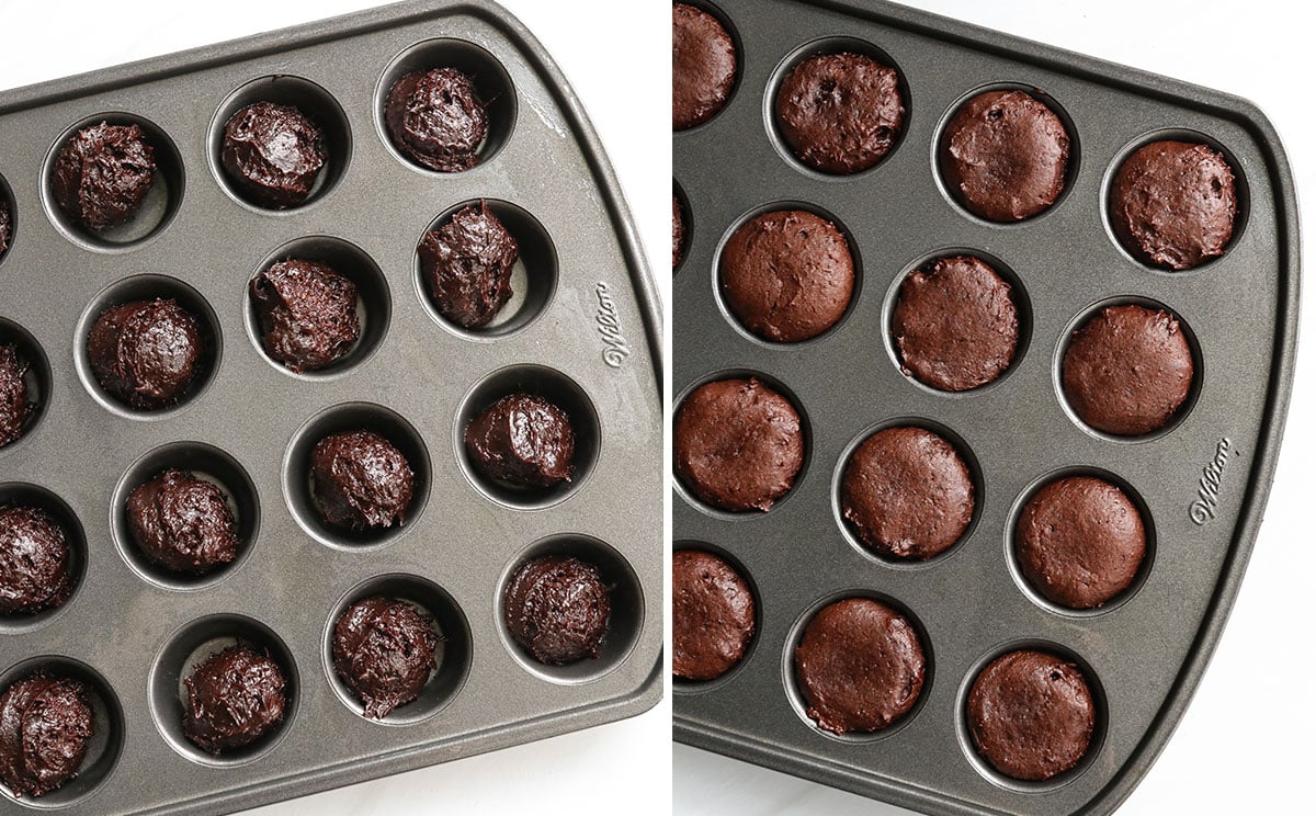 before and after baking date brownies in mini muffin pan.