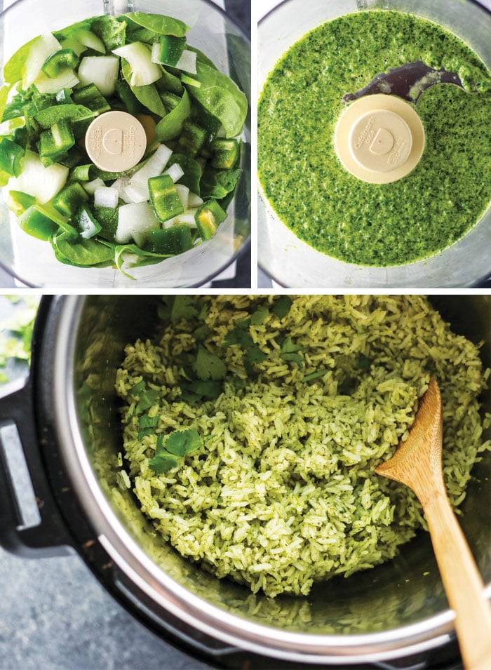 green rice ingredients in a food processor and an instant pot