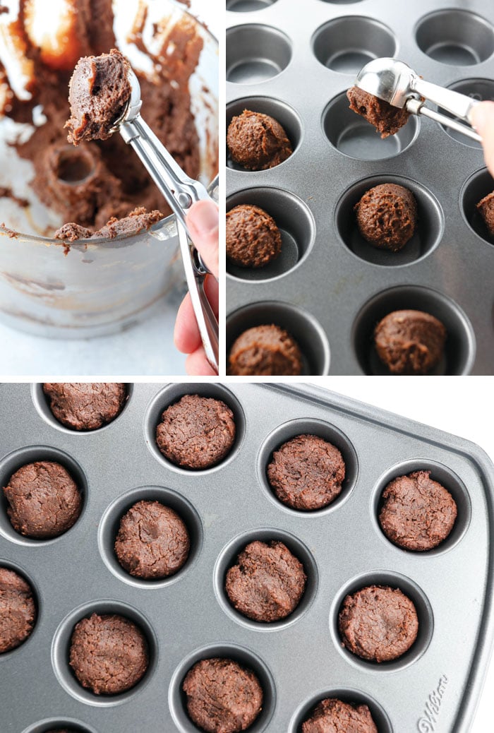 date sweetened flourless brownie batter scooped into mini cupcake tin