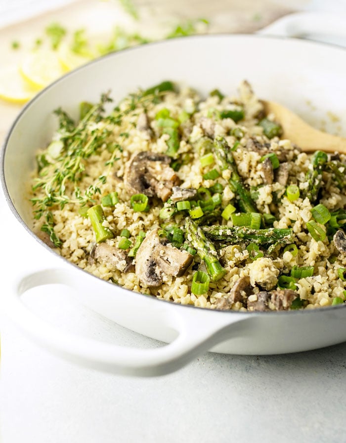 Vegan Cauliflower Rice Risotto with Asparagus and Mushrooms