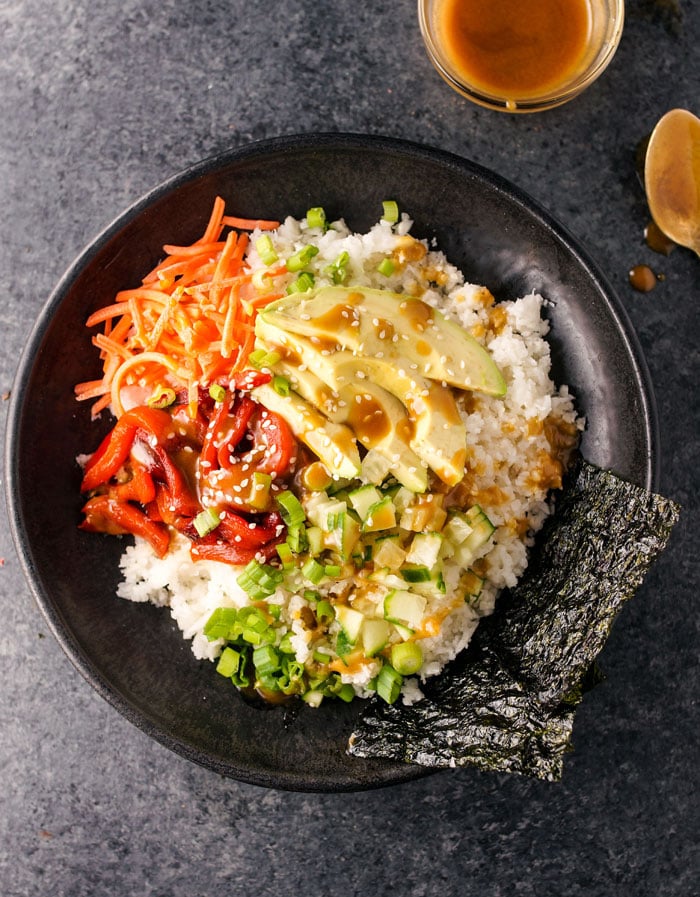 vegan sushi bowl with soy-ginger dressing