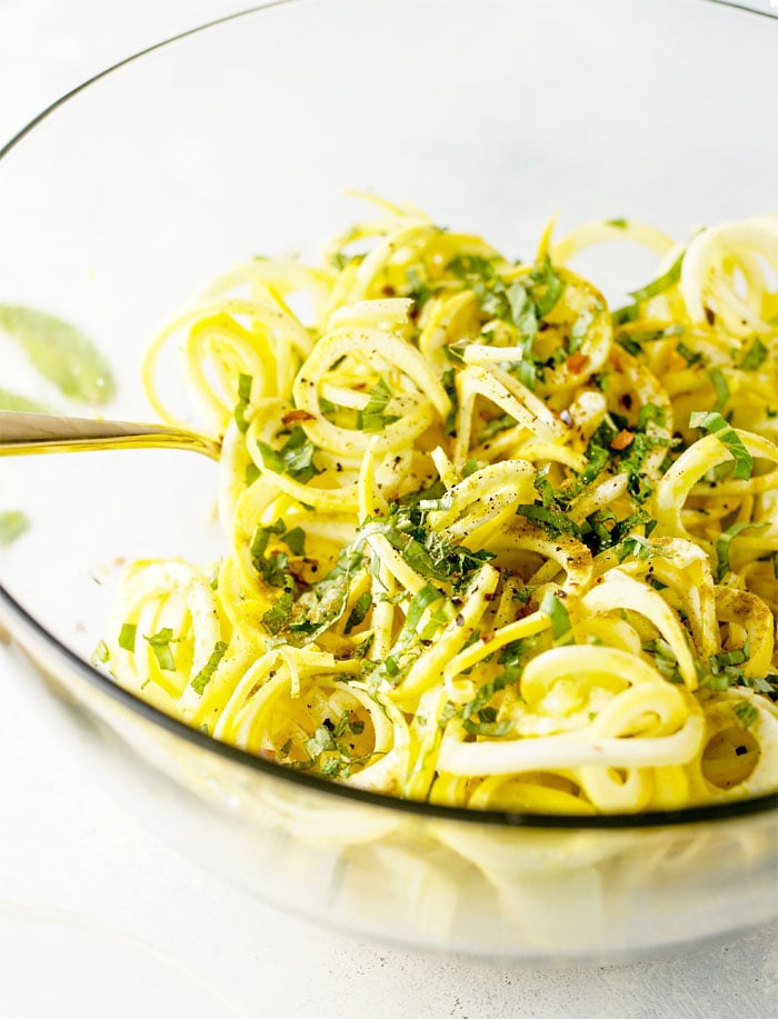Spiralized Summer Squash Noodles with Basil and Mint