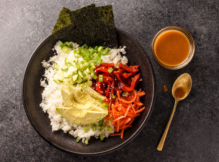 vegan sushi bowl with soy-ginger dressing
