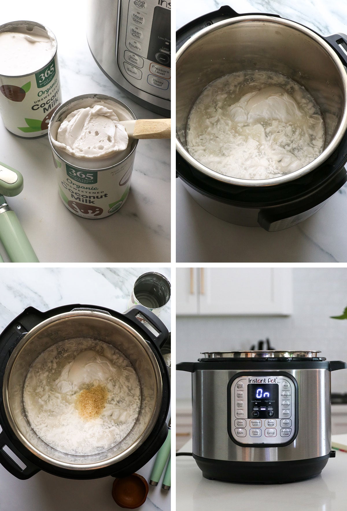 coconut milk opened and added to instant pot with agar agar flakes.