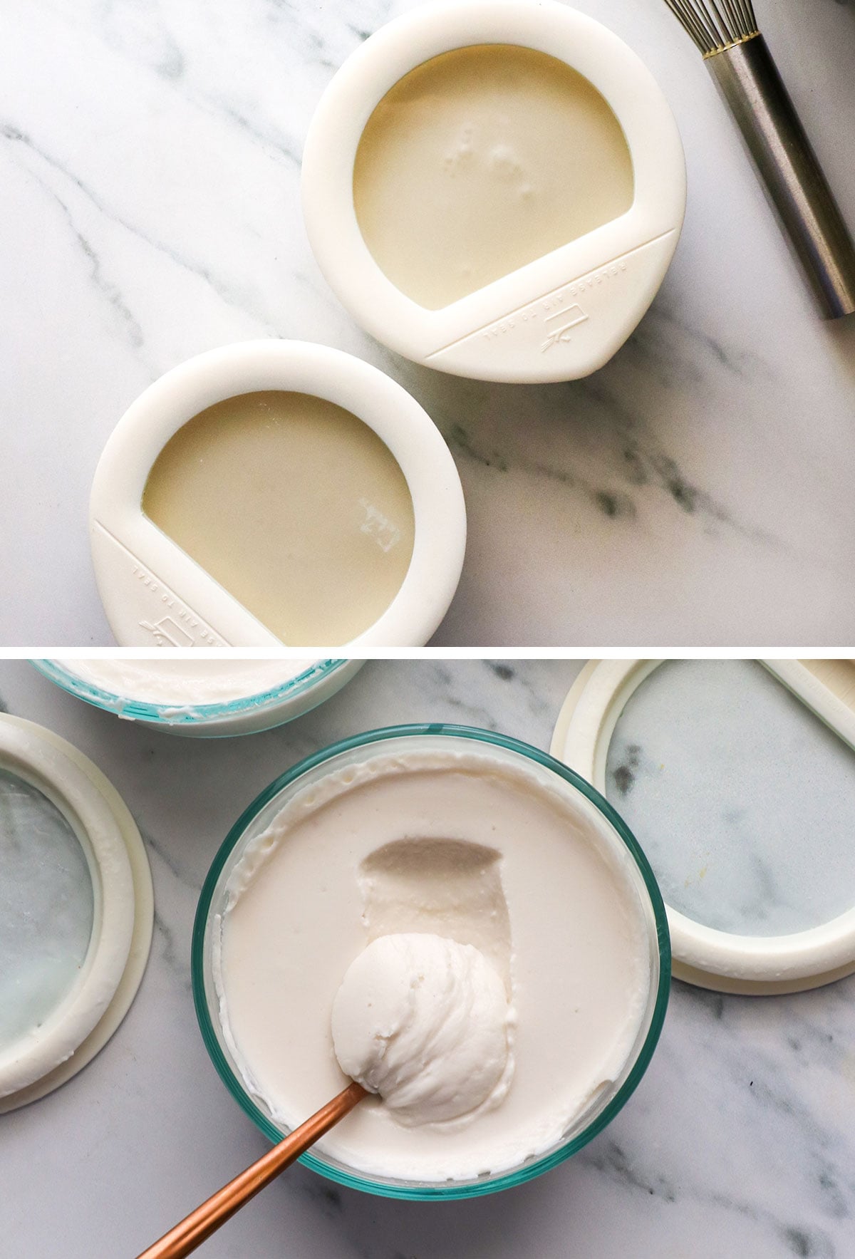 homemade coconut milk yogurt in storage jars and scooped with a spoon to show the thicker texture.