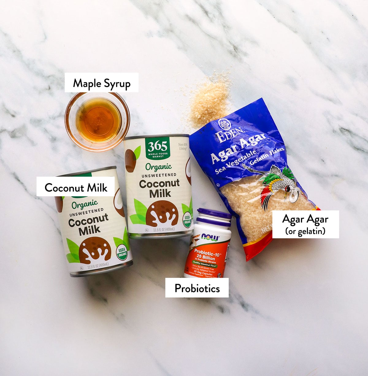 canned coconut milk, agar agar flakes, probiotics and maple syrup labeled in bowls.