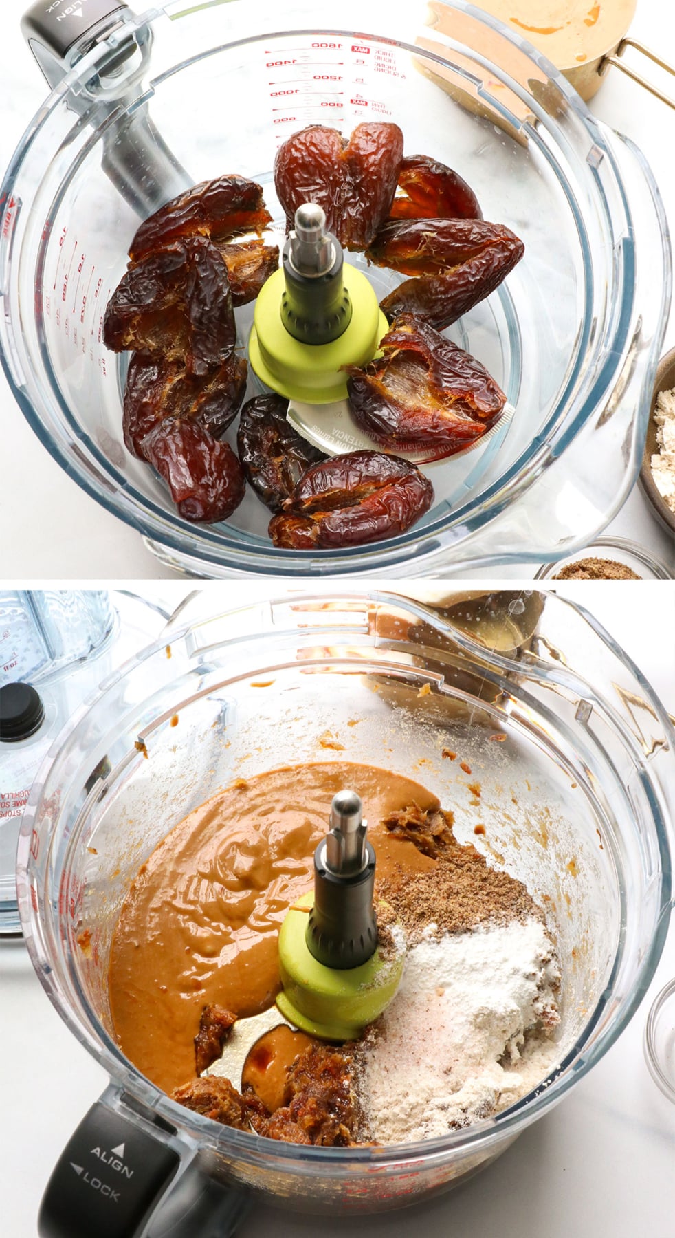 pitted dates in a food processor with peanut butter and flour added in.