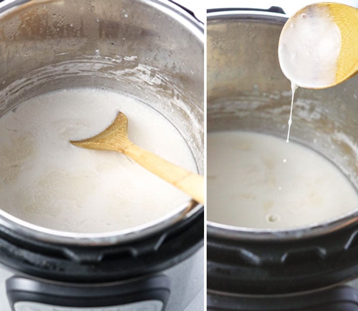 spoon in runny coconut milk yogurt in the Instant Pot