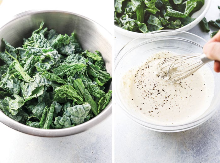 two bowls with kale and salad dressing