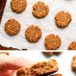 peanut butter cookies baked and split in half to show the texture.