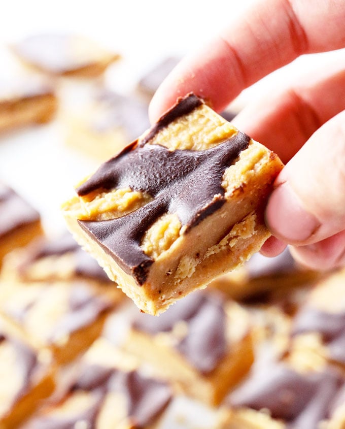 hand holding a piece of healthy vegan peanut butter chocolate fudge