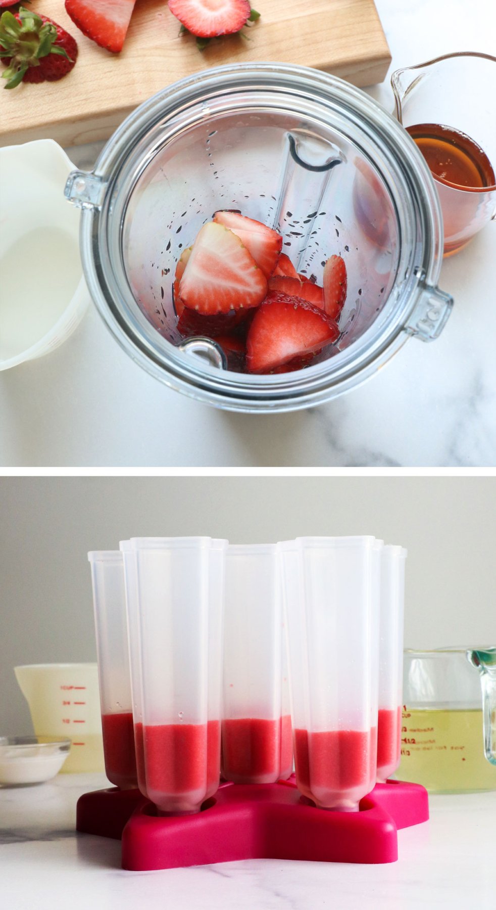 Mix the strawberries and add to the popsicle mold.