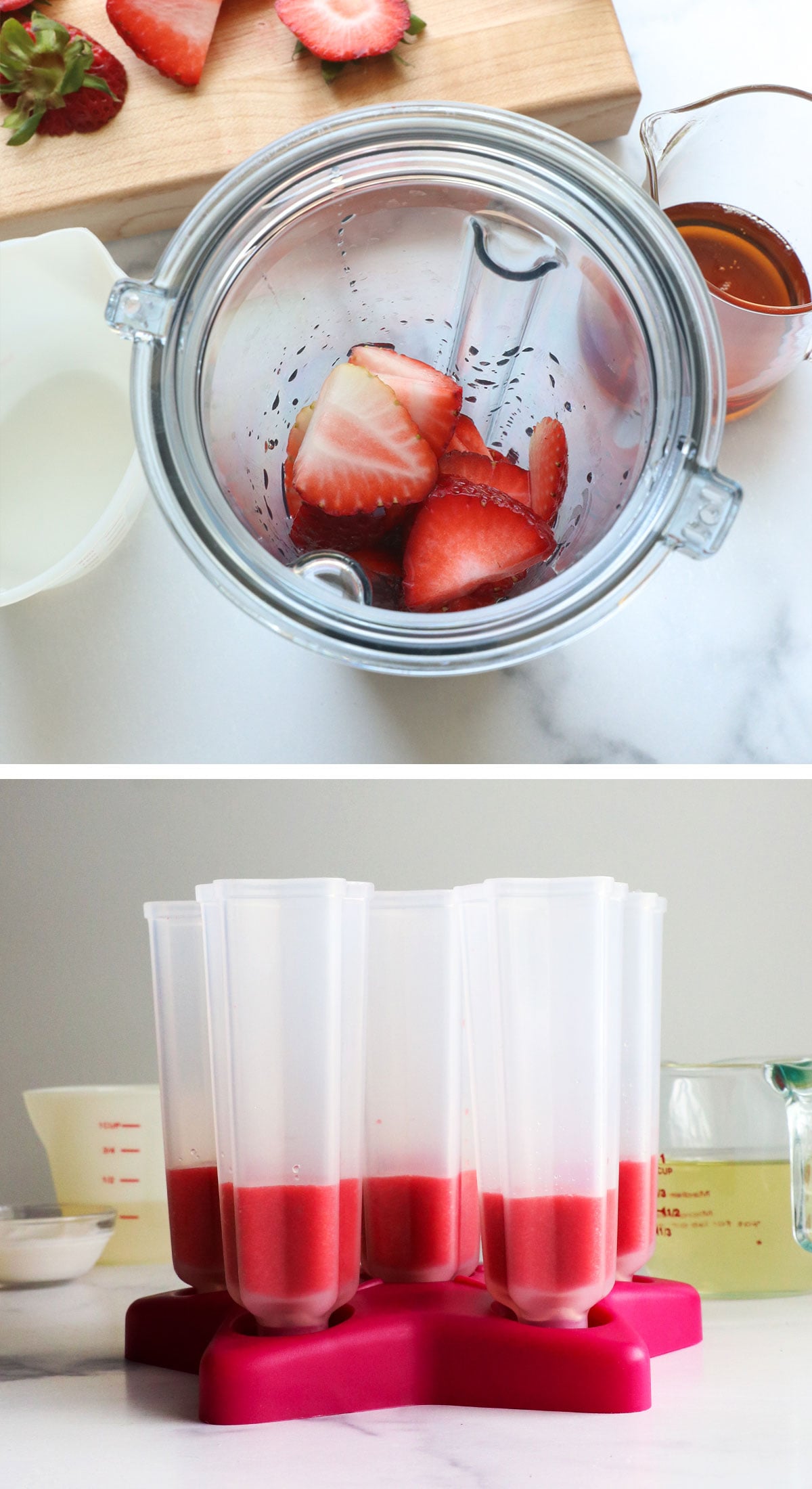 strawberries blended and added to a popsicle mold.