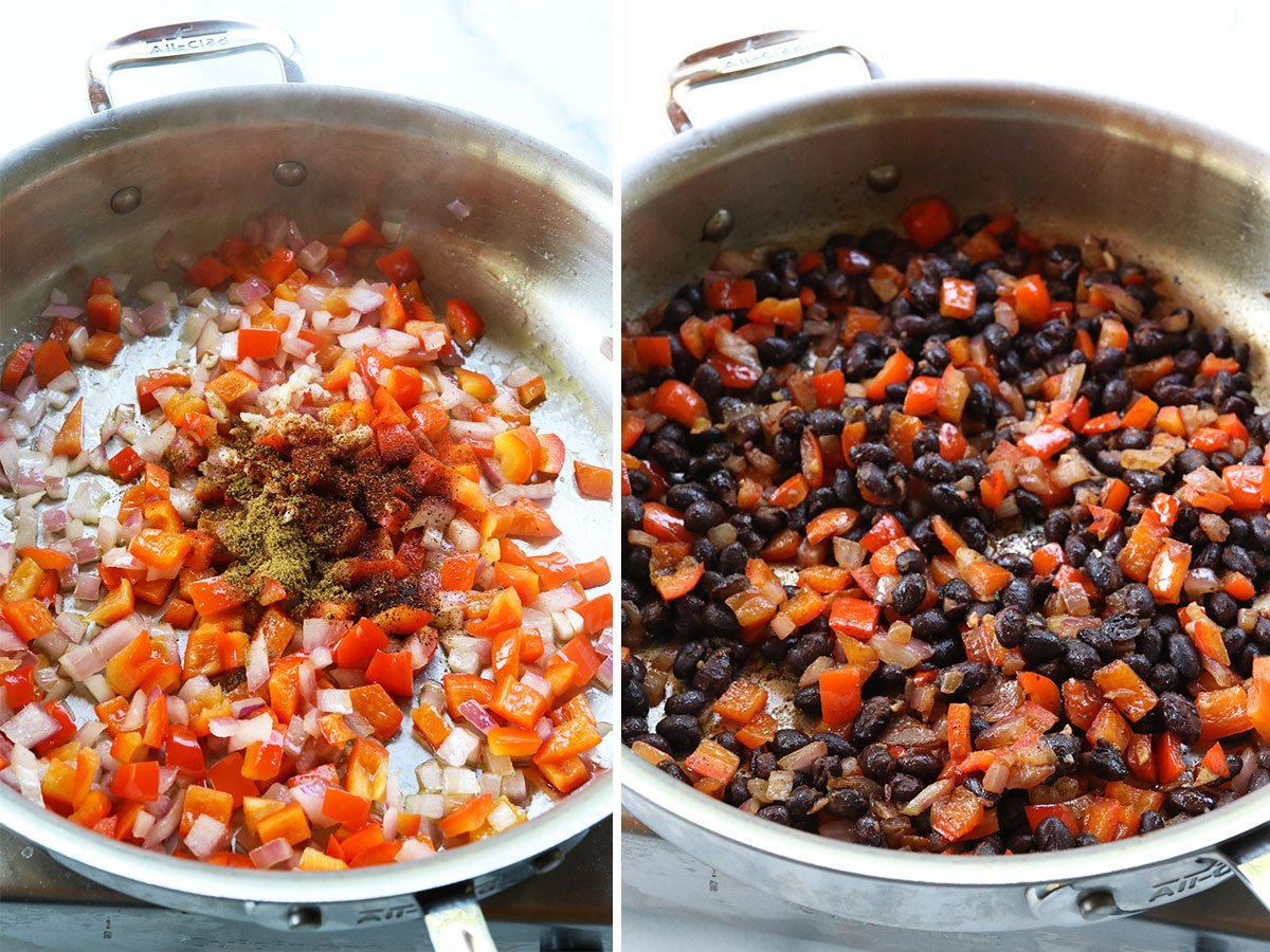 black bean filling sauteed in a stainless steel skillet.