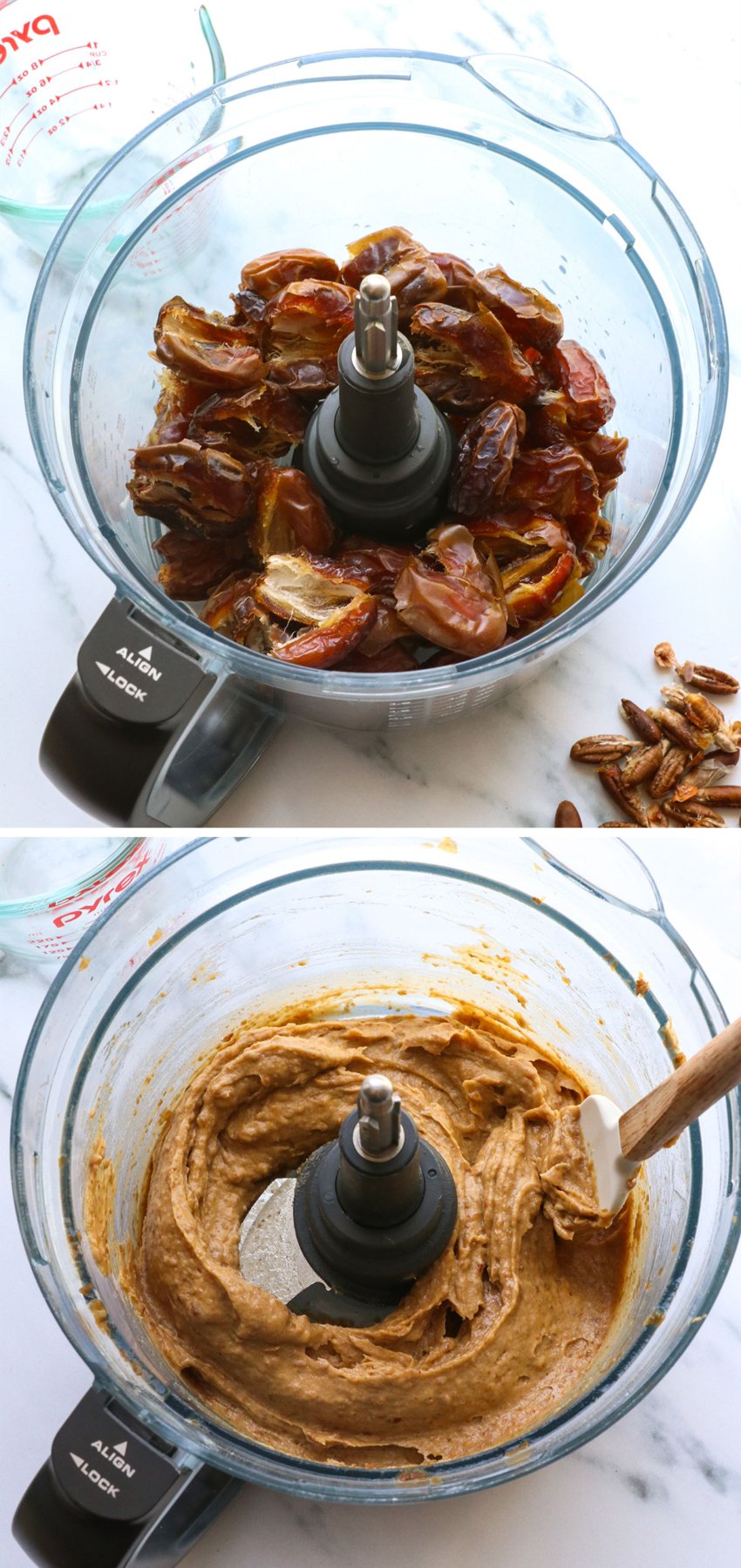 dates blended in a food processor for date paste.
