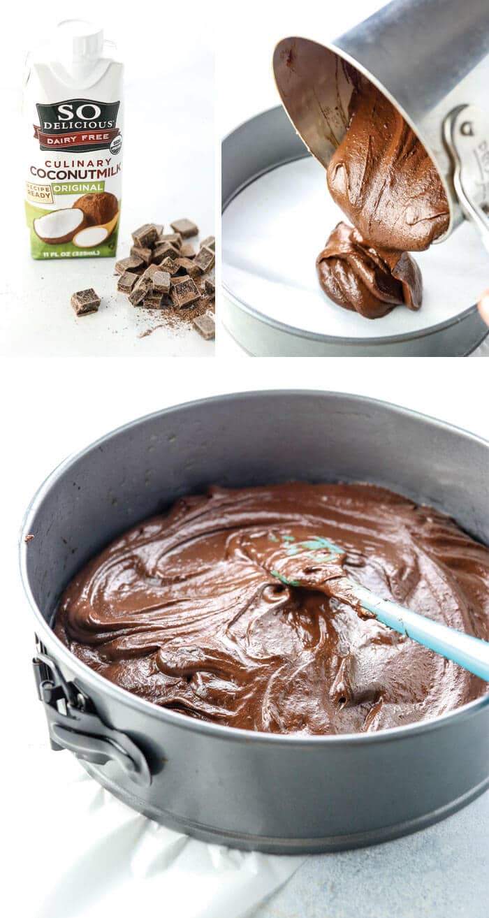 culinary coconut milk and chocolate chips, and melted chocolate filing being poured into a springform pan