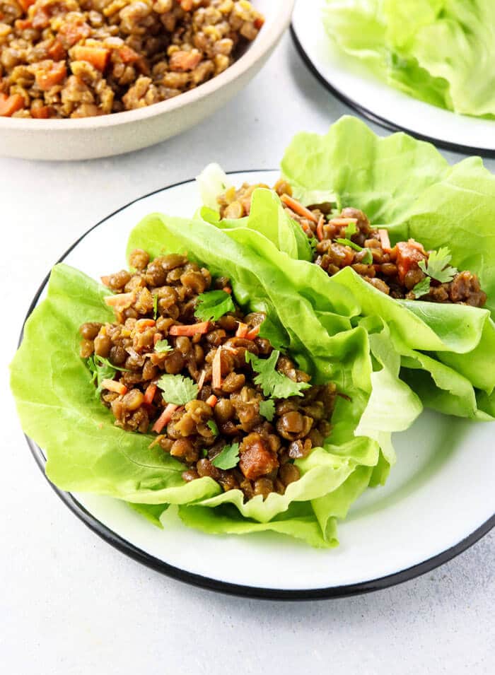 vegetarian copycat PF Chang's lettuce wraps on a white plate