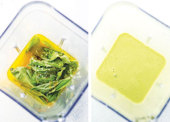 fresh basil, olive, oil, and orange juice in a blender, with the after photo of blended salad dressing