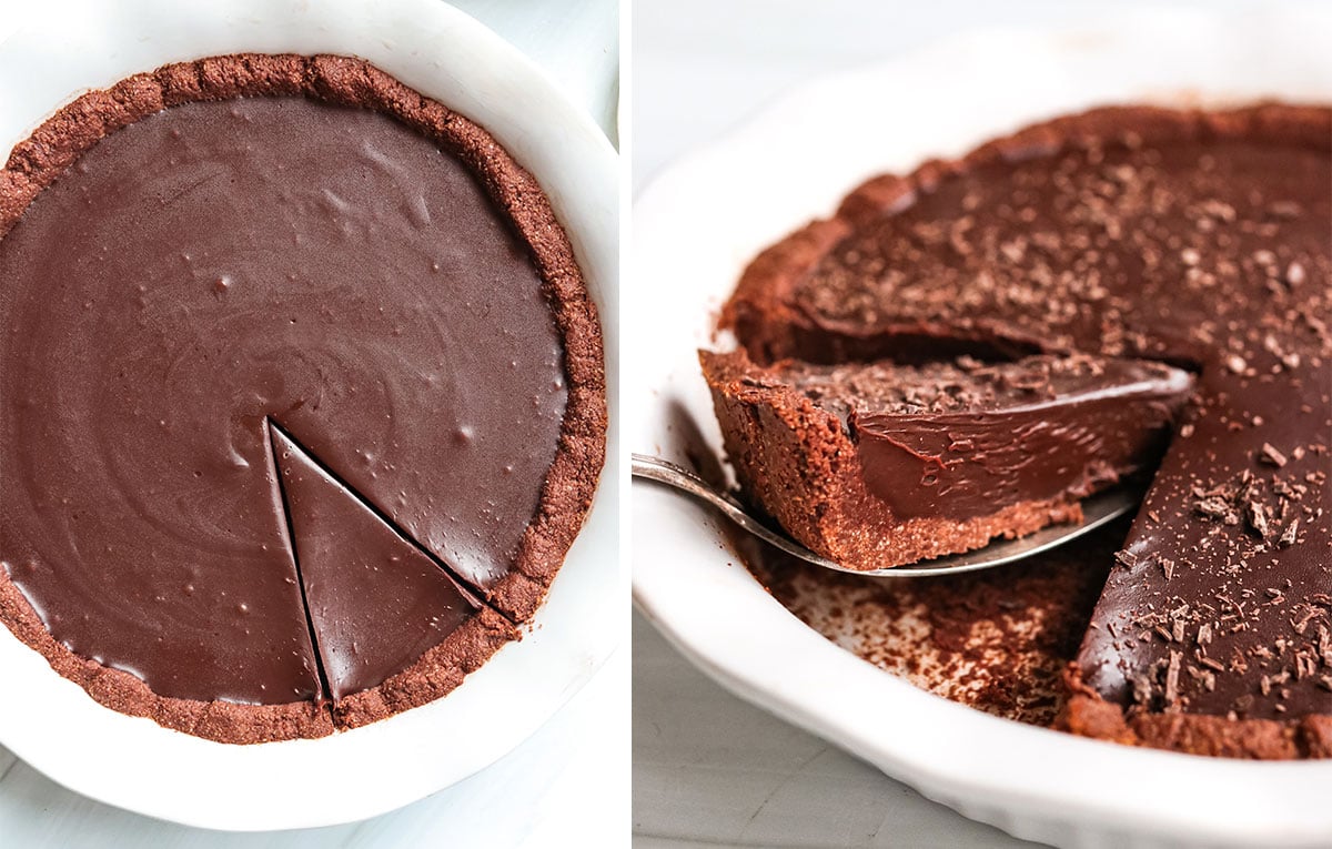 chilled chocolate pie sliced in pan.
