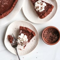 chocolate pie slices on two white plates.