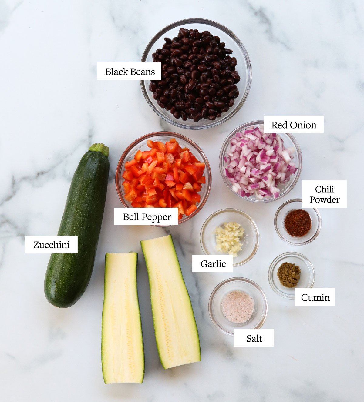 zucchini boat ingredients labeled on a white surface.