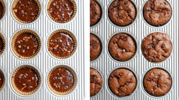 before and after baking muffins in pan