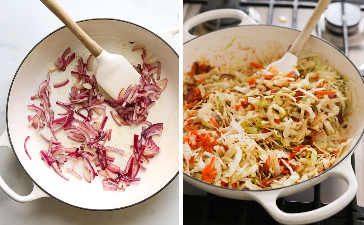 sauteed onions and cabbage in a white skillet.