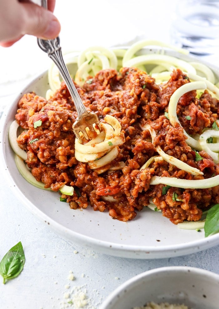 healthy zucchini noodles with red lentil bolognese recipe