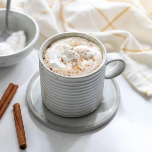 pumpkin spice latte recipe in a white mug