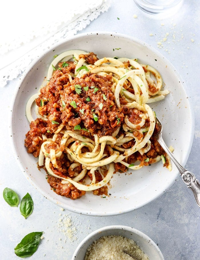 vegetarian bolognese recipe over spiralized zucchini noodles