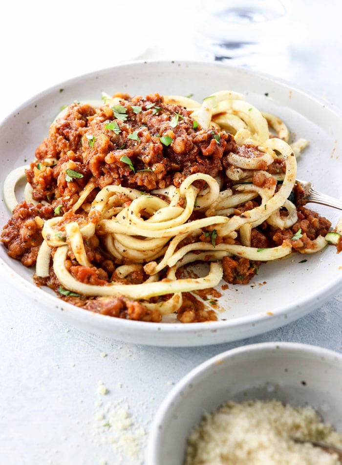 zucchini noodles with vegetarian bolognese sauce