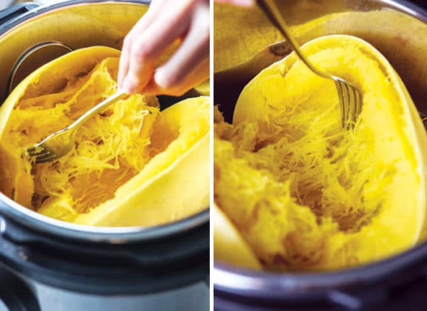 using a fork to make spaghetti squash strands