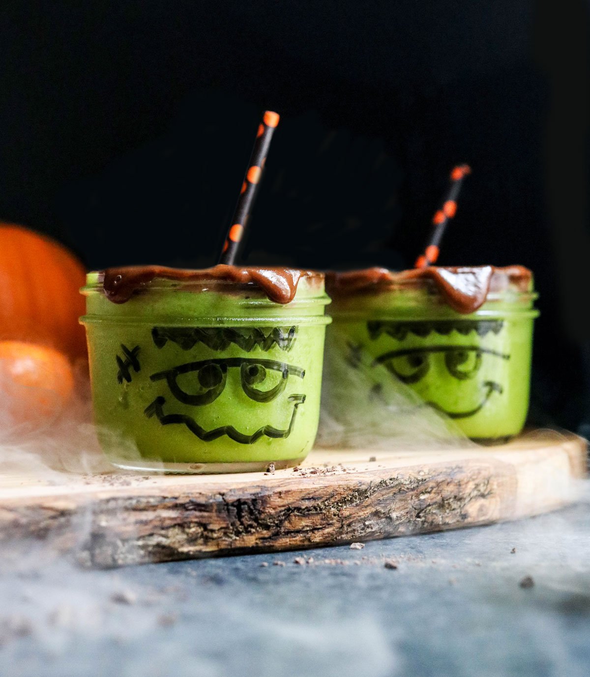 frankenstein smoothies in 2 glasses