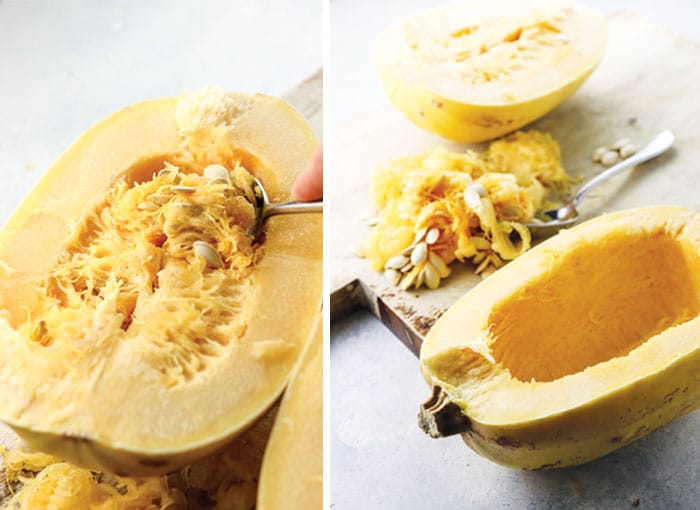 spaghetti squash cut in half with seeds scooped out