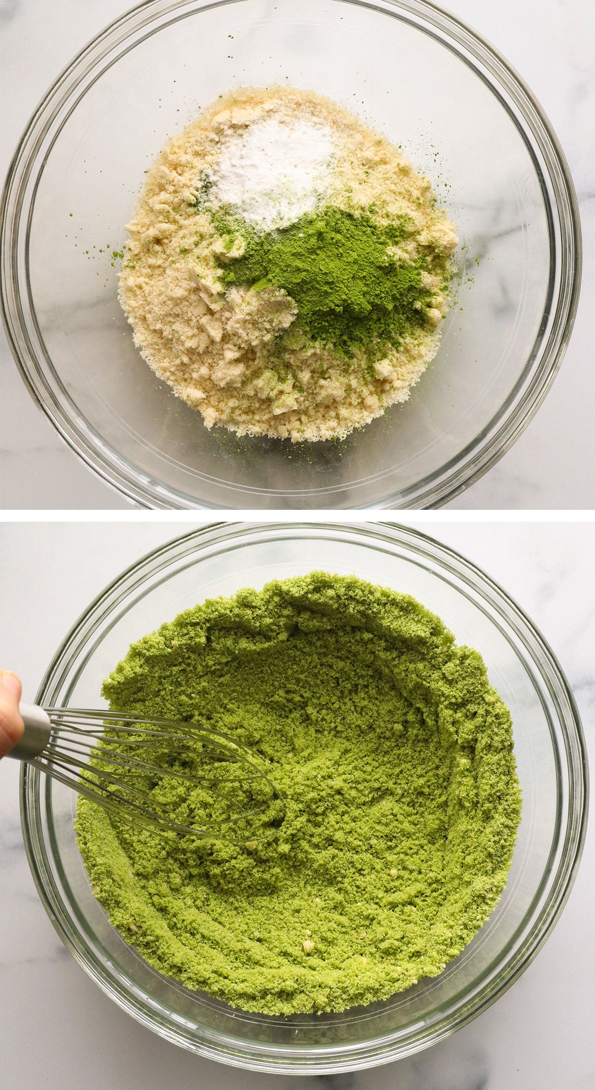 almond flour, baking powder, and matcha powder whisked in glass bowl.