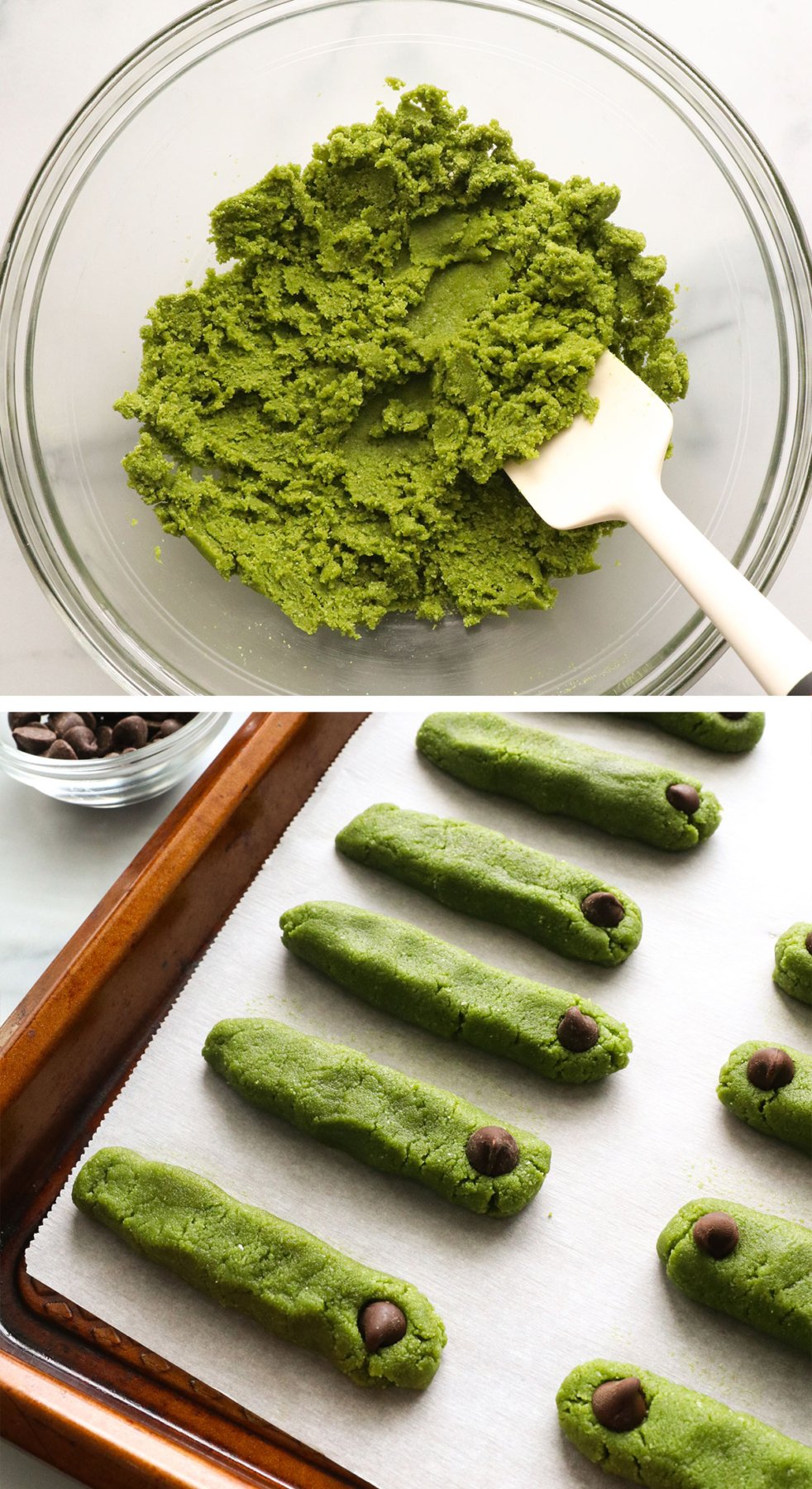 green cookie dough mixed and arranged on baking sheet to look like fingers.