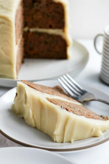 vegan cream cheese frosting on slice of cake