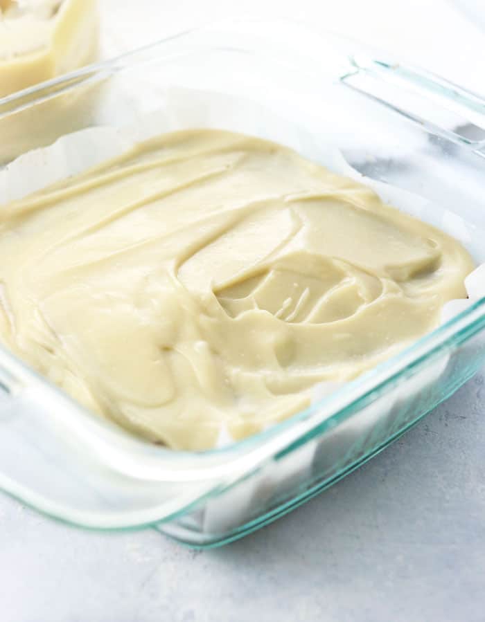 healthy vegan cream cheese frosting in a square dish