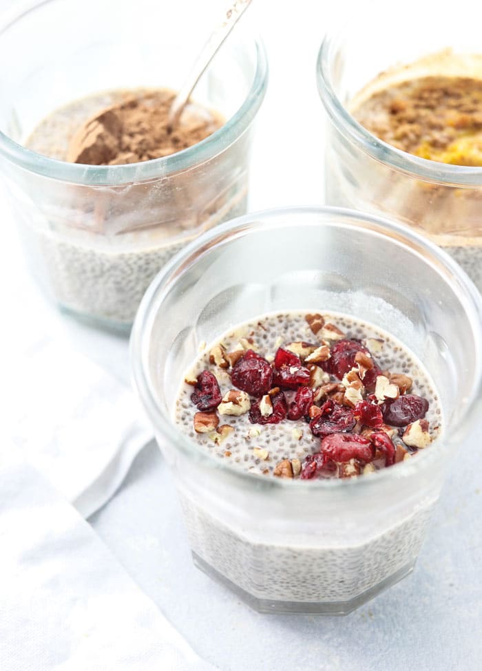 close of dried fruit and nuts with chia pudding