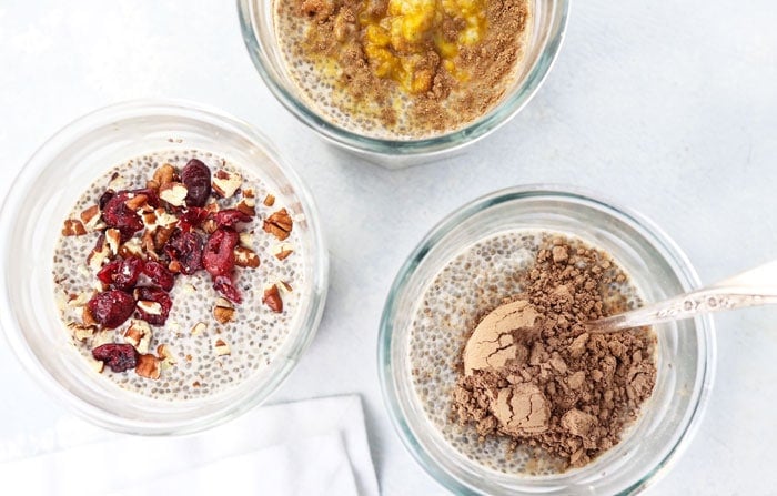 3 examples of chia pudding with dried fruit and nuts brown sugar and cacao powder