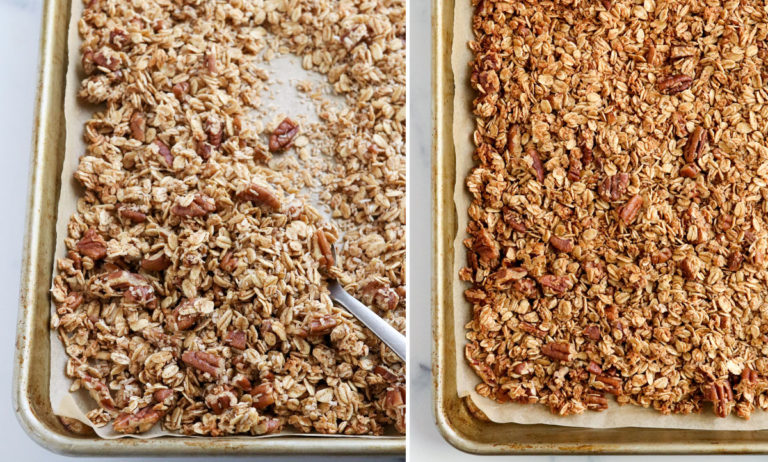 baked granola looking lightly golden in pan