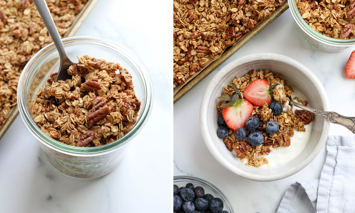 finished granola in glass jar and served with yogurt and fruit