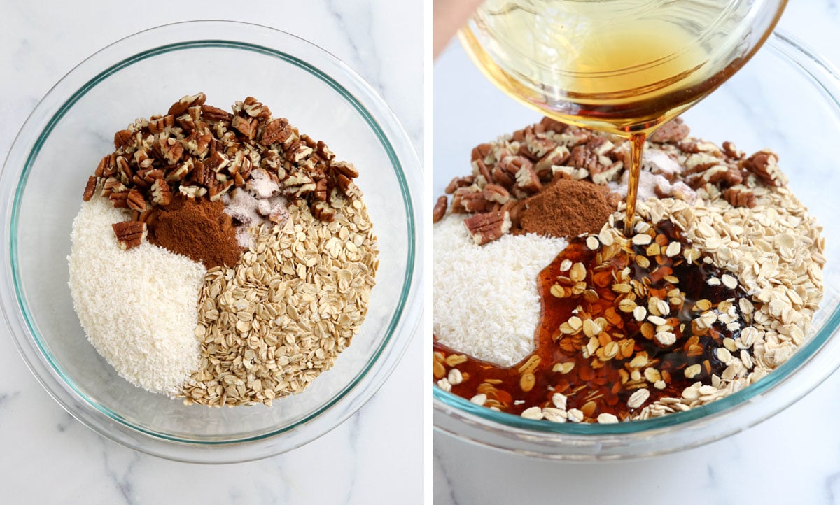 healthy granola ingredients in glass bowl