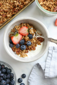 healthy granola served with yogurt and fruit